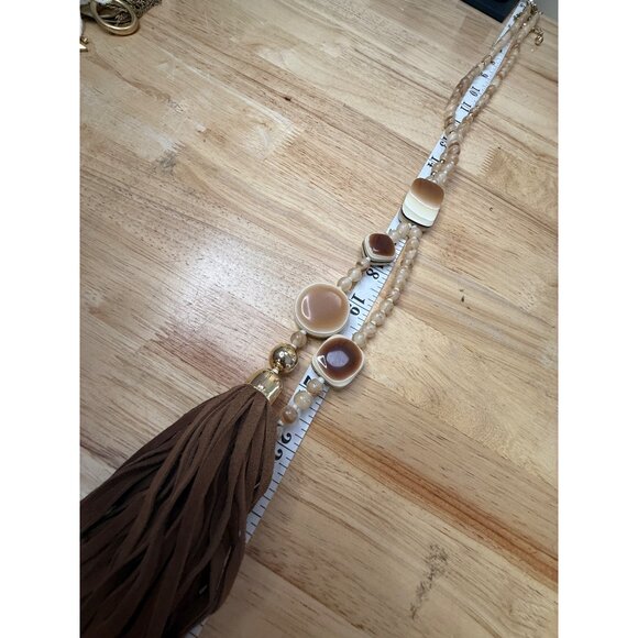 Chicos Long Beaded Necklace W/ Leather Tassel & Gradient Brown Accents - Picture 7 of 16